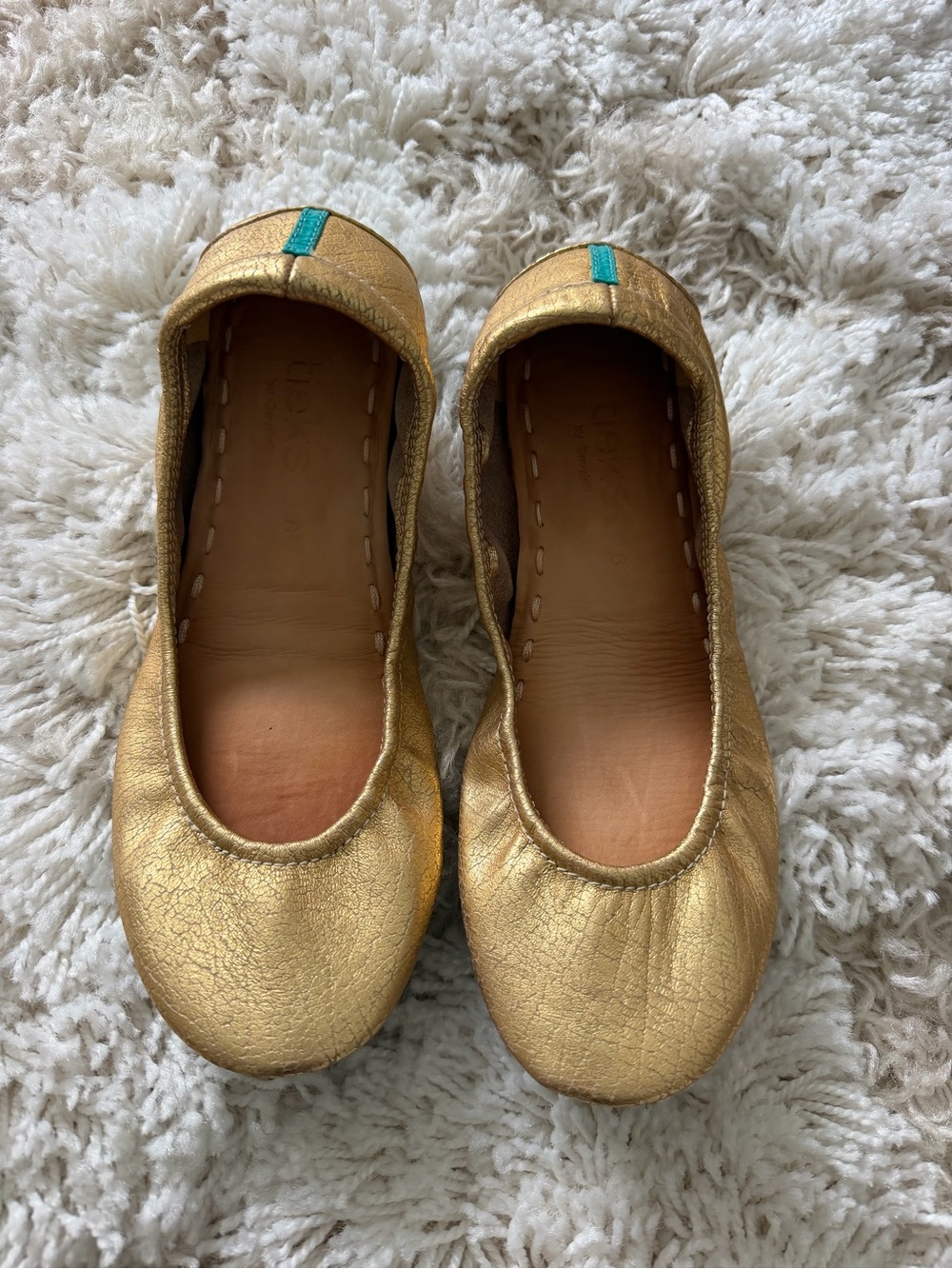 Tieks Gold Leather Ballet Flats with Teal Accent